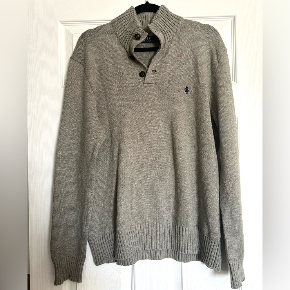 Polo Ralph Lauren Gray 1/4 Button Knit Long Sleeve Sweater Mens Large
